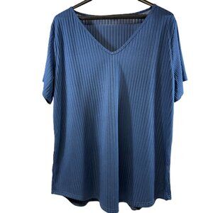Blue Ribbed V-Neck Short Sleeve Top, Lightweight Knit, Plus Size 2XL
